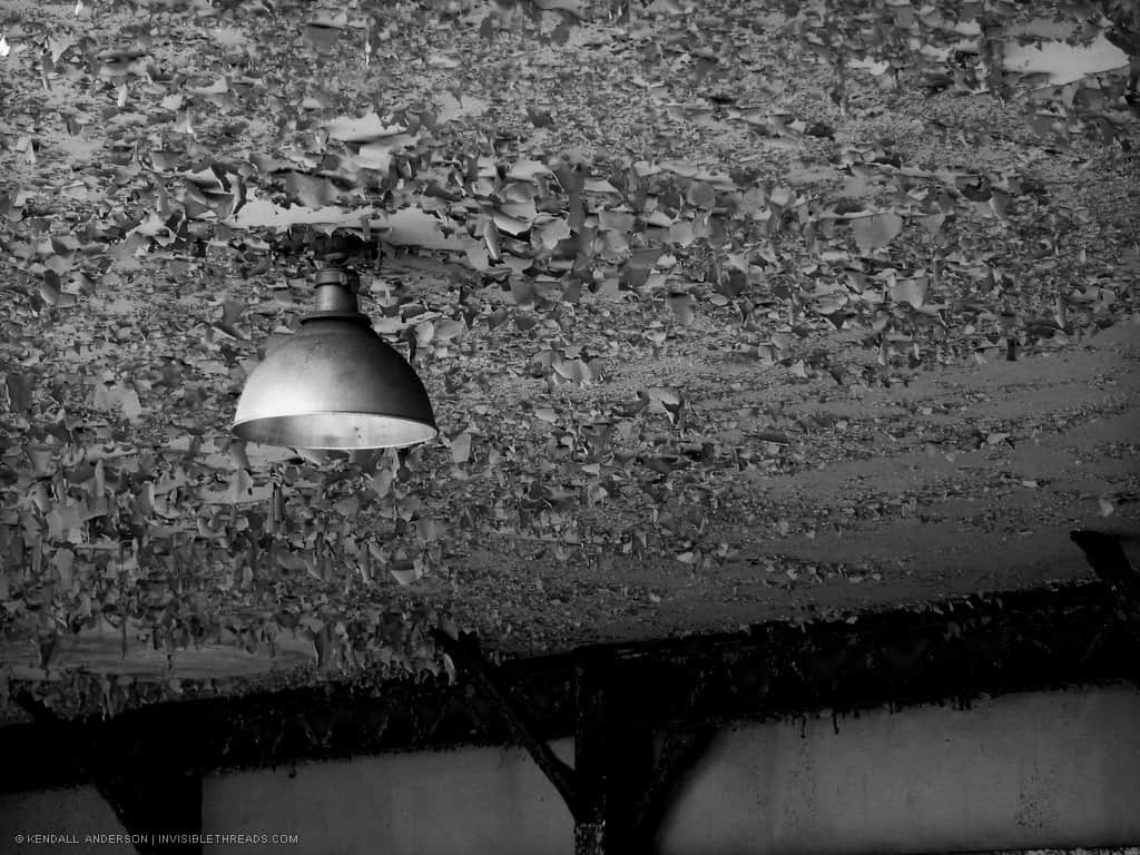 A lamp is hanging from a ceiling covered in peeling paint.