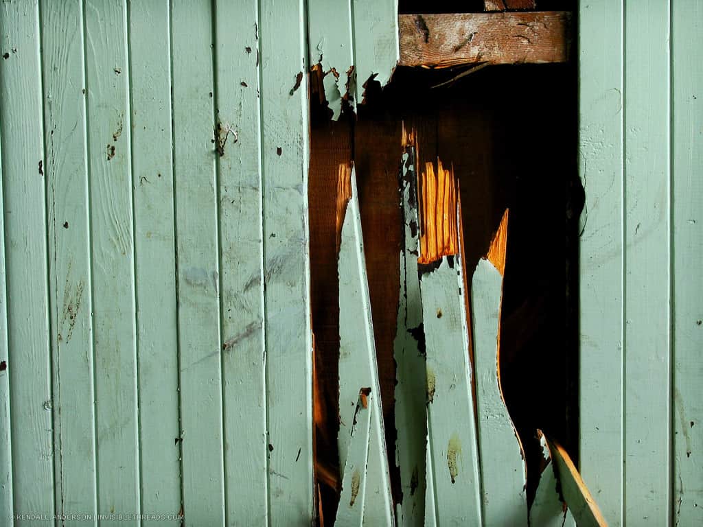 Green wood vertical strips form a wall. A number of wood strips are broken.