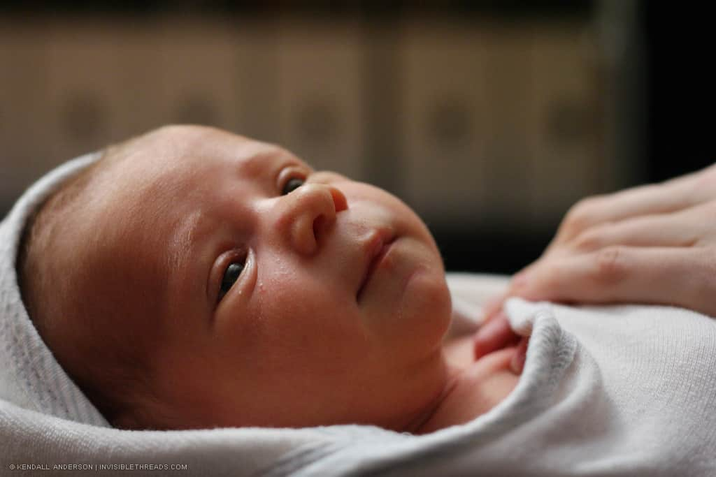 Portrait of a calm baby's face, swaddled, after a bath