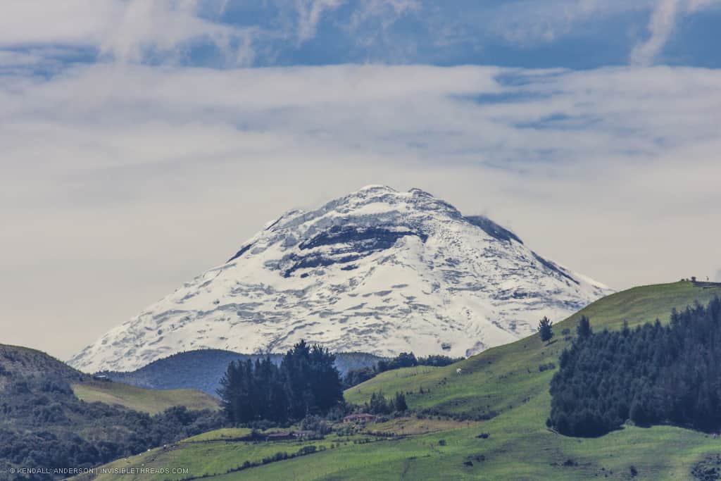 The white snow and ice covered mountain top of Mount Chimborazo rises in the distance above a green valley with trees.