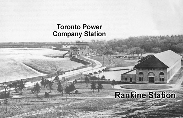 Upstream, the Toronto Power Company power station is located adjacent to the Niagara River. Further downstream, a weir directs water at a 90 degree angle to the river, towards the outer forebay of the Rankine power station.